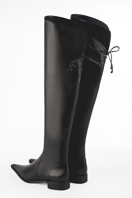 Satin black women's leather thigh-high boots. Pointed toe. Flat leather soles. Made to measure. Rear view - Florence KOOIJMAN